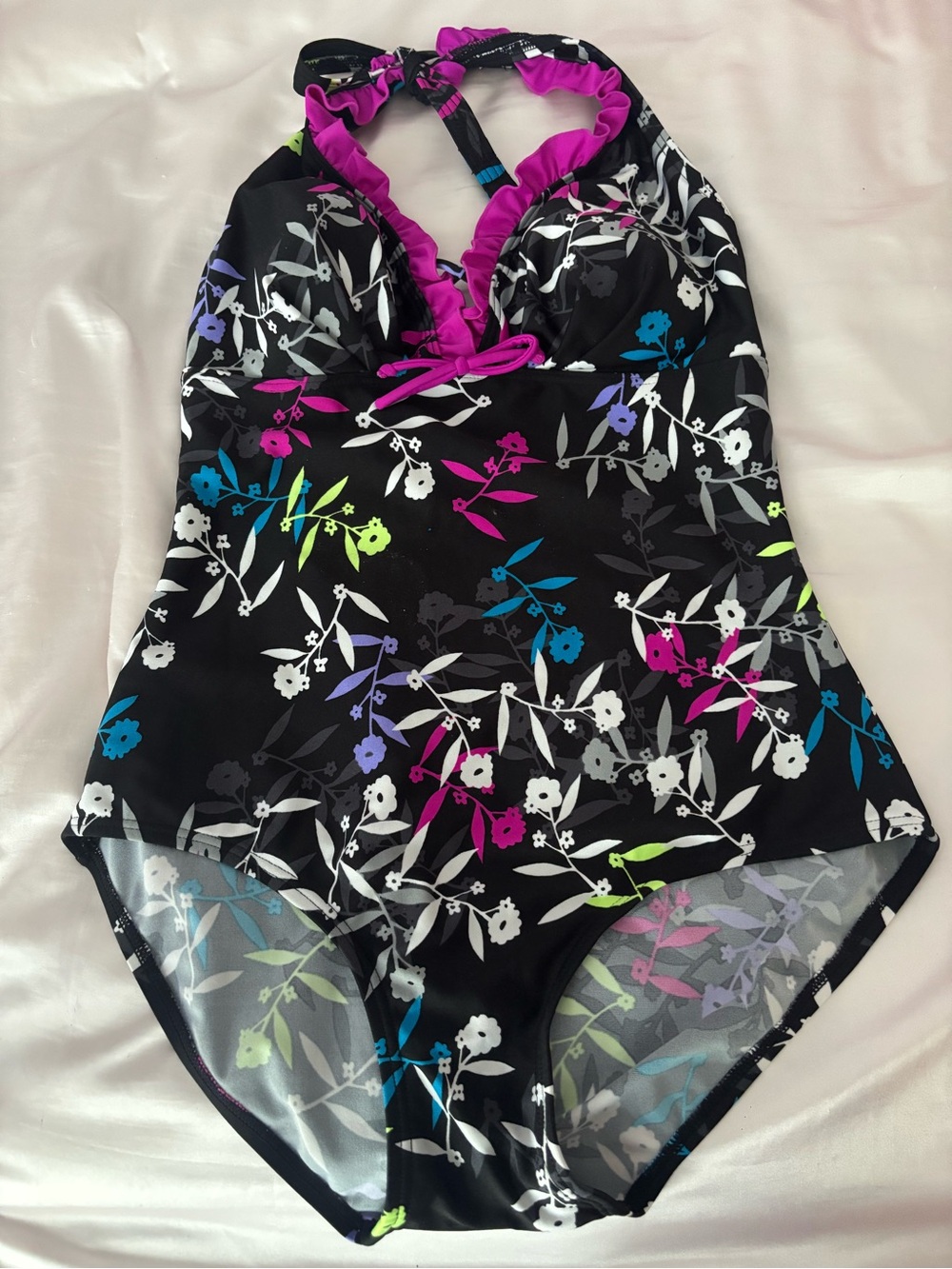 Women’s Black Floral One-Piece Swimsuit with Pink Trim